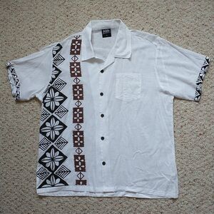 KAI-VEIKAU Shirt MenXL White Floral Hawaiian Traditional Fiji Print Tiki Tribal